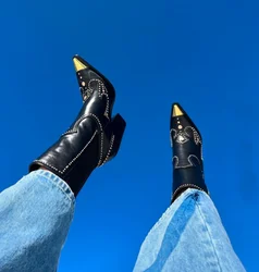 Pointed Toe Studded Ankle Boots Western Black Leather Chunky Heeled Booties Luxury Designer Shoes for Women