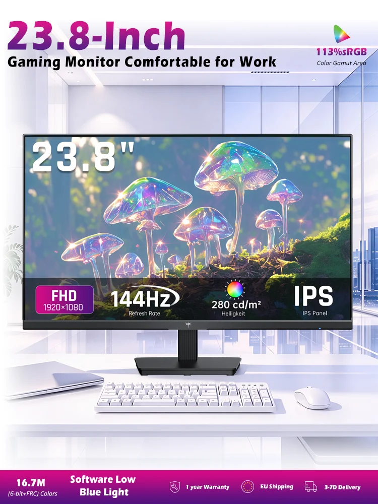 Monitor gamingowy KTC H24B9S-2 144Hz, 23,8-calowy wyświetlacz FHD IPS, 178 ° Szeroki kąt widzenia, 113% SRGB, 16,7M kolorów, niskie emisje niebieskiego światła, 280 cd/m², HDMI i VGA, mocowanie VESA — 2