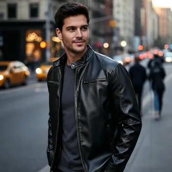 Men's PU leather jacket stand-up collar slim-fit vintage-style biker jacket spring/fall top