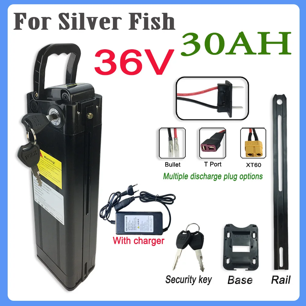 36V 30Ah Li-ion Battery Pack Silver Fish E-bike Battery Universal Folding Electric Scooter Battery Bottom 2 Pin Discharge Port