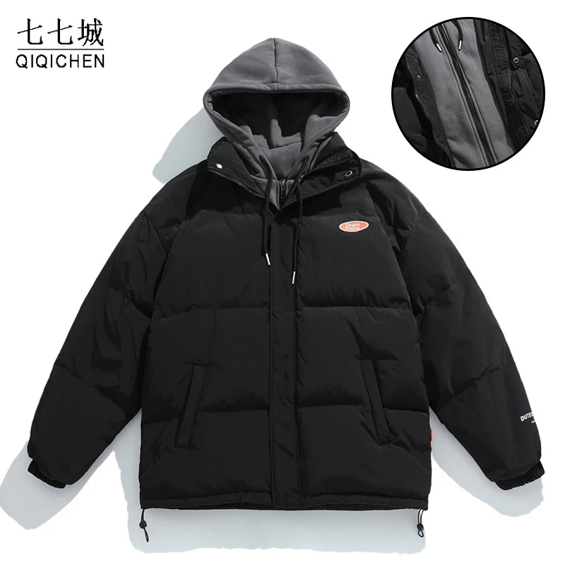 Winter Padded Hooded Jacket Men Cotton Solid Color Thicken Fake Two Pieces Parkas Fashion Korean Oversized Lightweight Outwear