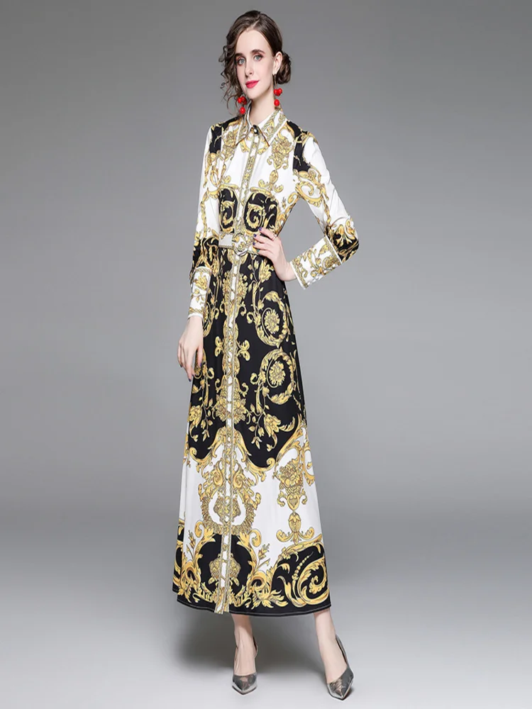 2024 Fashion Runway Baroque Maxi Dress Women Long Lantern Sleeve Buttons Down Golden Flower Print Elegant Belt Party Vestidos