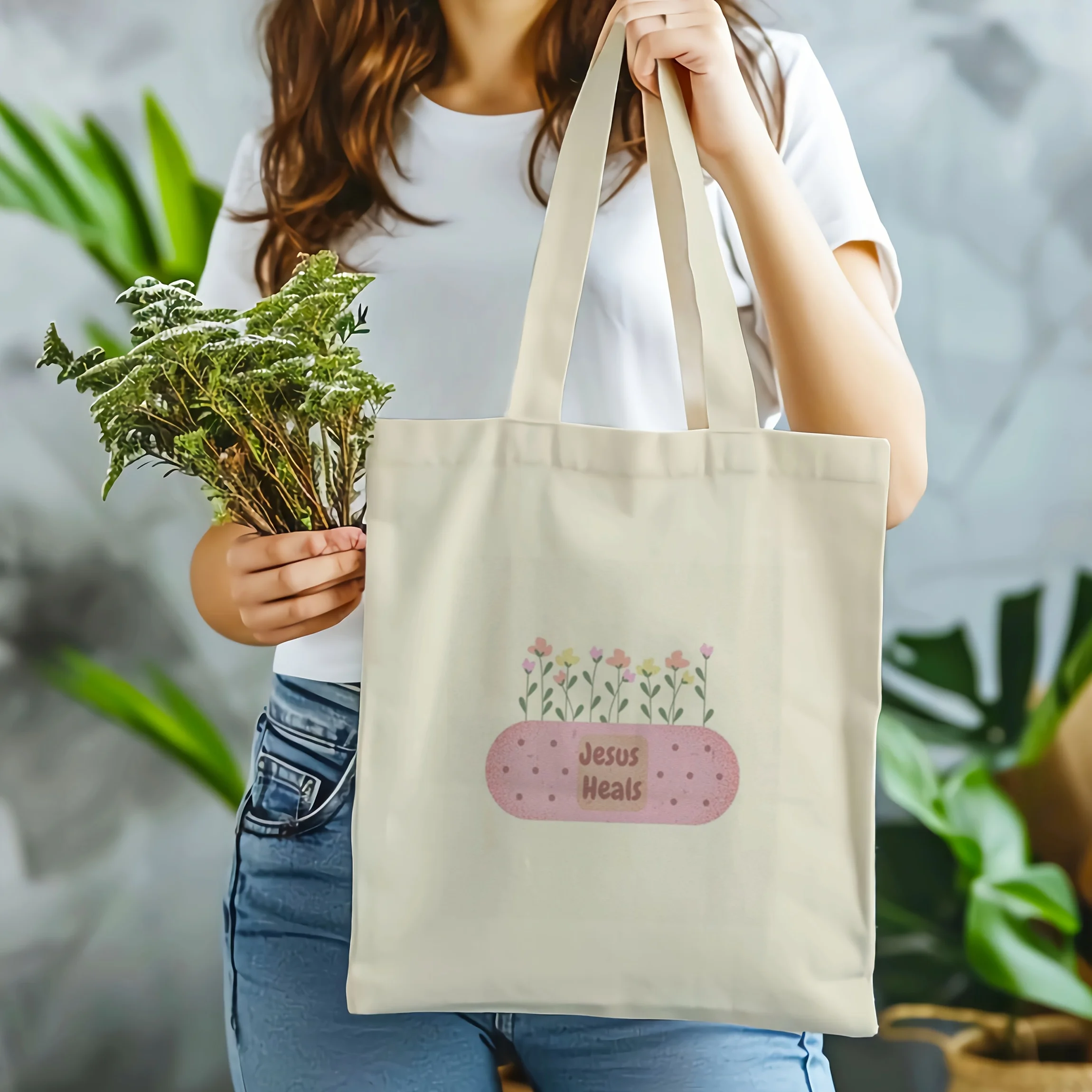 Cute Band‑Aid Flower Canvas Tote Bag Inspirational Text Print Eco‑Friendly Reusable Women Casual Shoulder Shopping Handbag