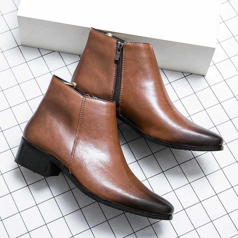 Classic Black Leather Ankle Boots For Men Women British Style Pointed Toe Men's Chelsea Boots Comfortable High Top Dress Shoes - view 5