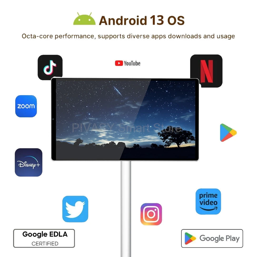 Touchscreen 21,5 Zoll Android 13 Systeme Smart TV 6000 mAh Batterieleistung 6 + 128 G Gerät Drehbarer beweglicher Monitor für Live-Fitnessstudio