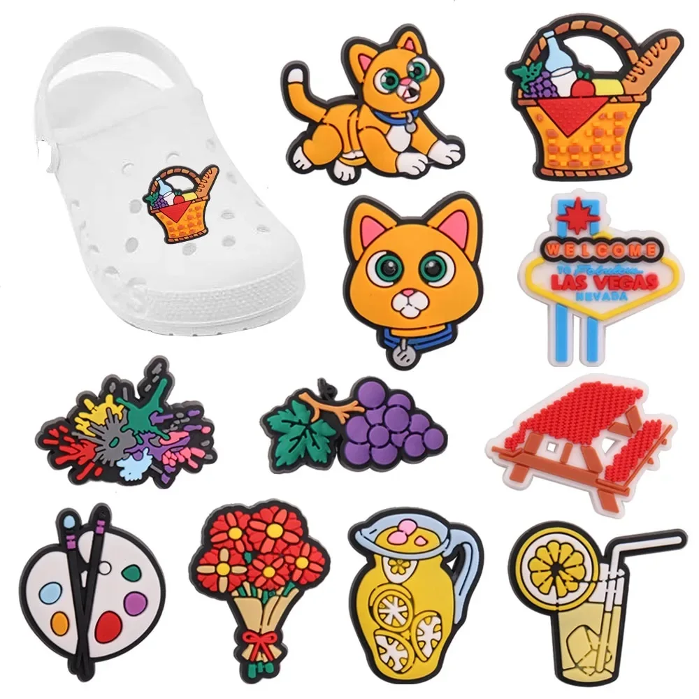 1Pcs PVC Shoe Charms Lemon Juice Grape Bouquet Cat Garden Shoes Accessories Shoes Buckle Decorations Fit Bracelets Children Gift