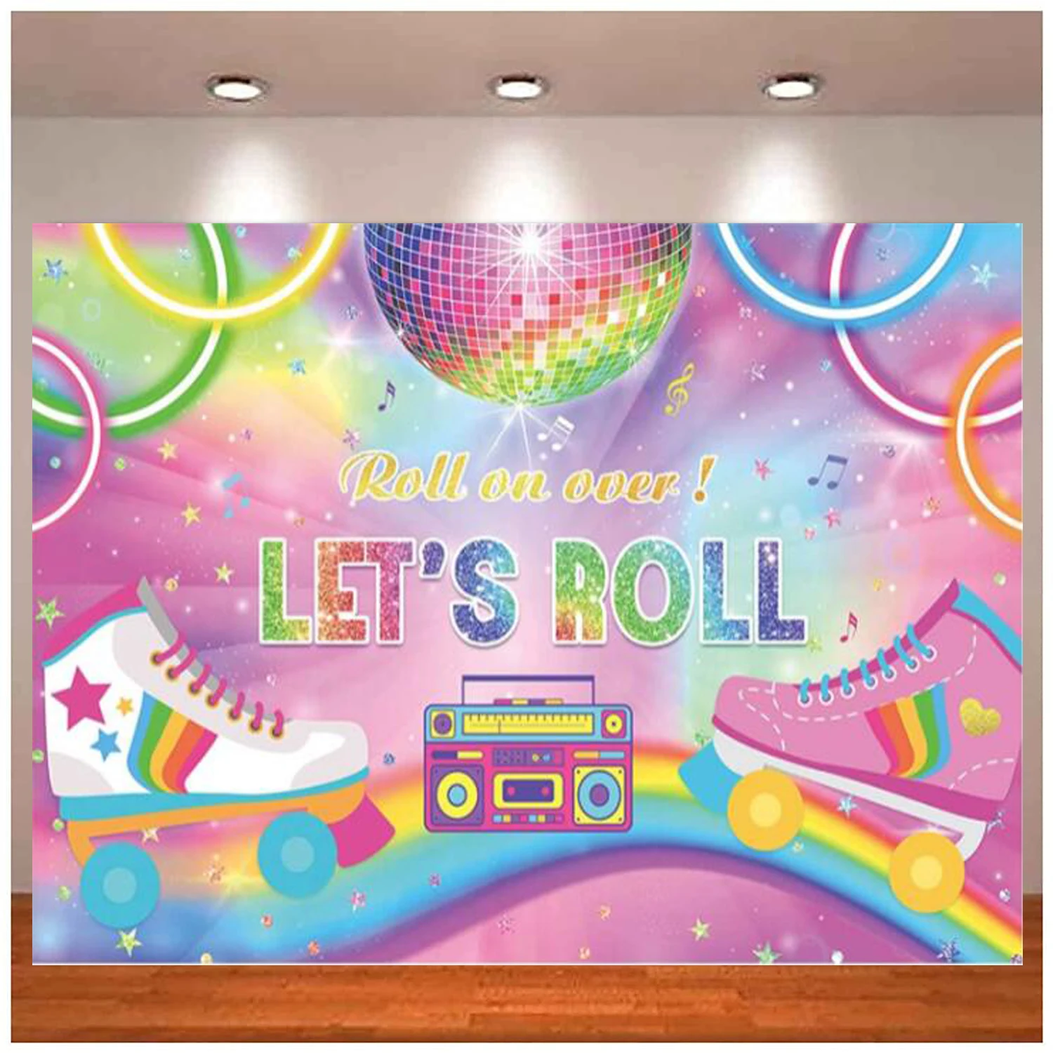 Fondo de cumpleaños Let's Roll para niñas, niños, mujeres, años 80, 90, patinaje sobre ruedas rosa, brillo de neón, arcoíris, decoración para fiesta de baile Disco
