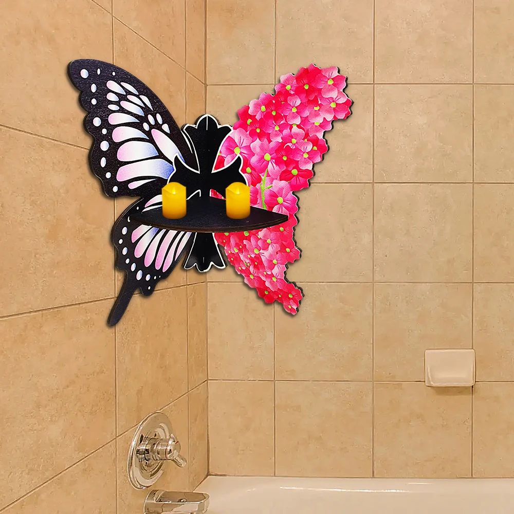 1pc，Wooden Color Sunflower Butterfly Straight Corner Hollow Creative Shape Storage Decorative Wall Shelf