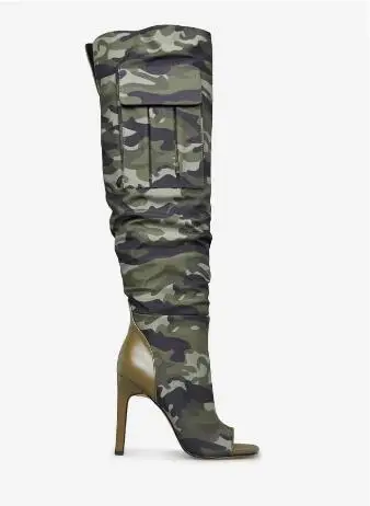 Camouflage Army Green Color Peep Toe Pocket Knee High Boots Women Patchwork Stiletto Thin Heels Long Fashion Botas Shoes Lady