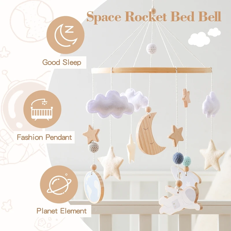 木製の月の星,宇宙飛行士のベッドベル,音楽のおもちゃ,サポートベッド,新生児用のガラガラを備えたモバイルクレードルホルダー