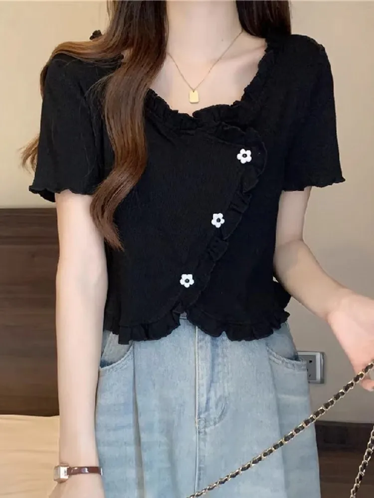 Novedad de verano, camiseta ort Sve de diseño, Faion para mujer, dobladillo asimétrico, adelgazante, versátil, longitud ort, Top coreano Sle