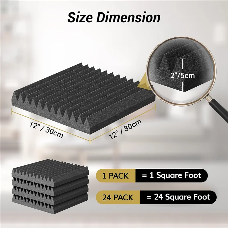 AC22-24Pack 2X12x12 بوصة ألواح إسفنجية صوتية ذاتية اللصق، لوحات صوت مصممة بالهرم للمنزل والاستوديو متينة وسهلة الاستخدام