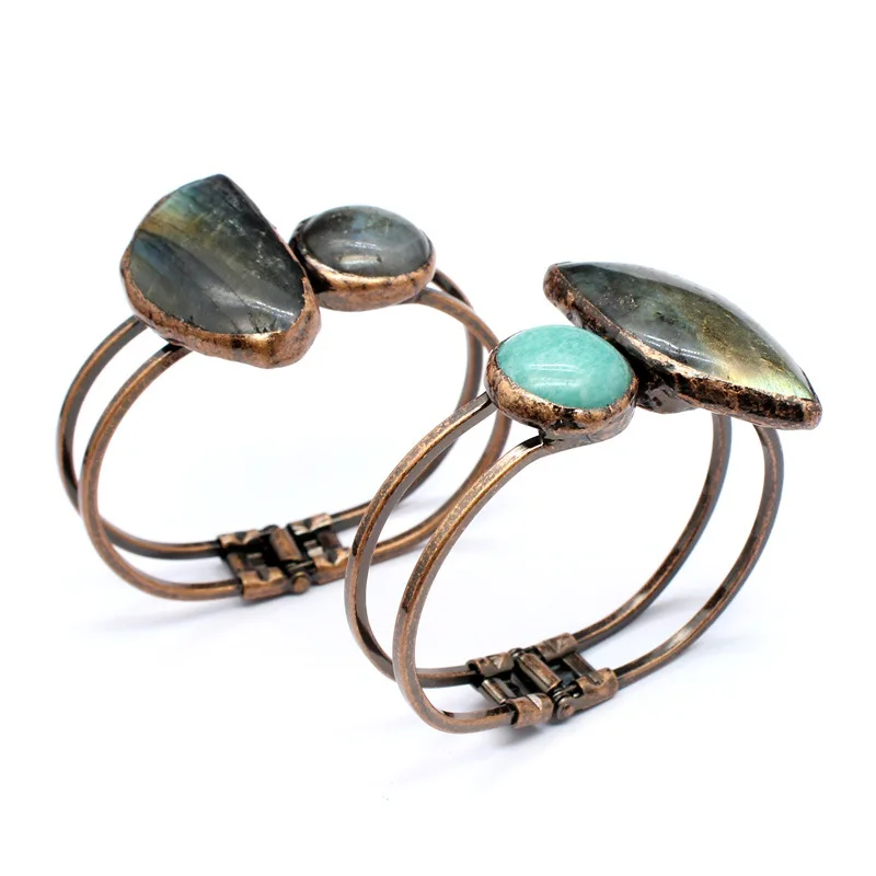 Polly Natural Labradorite Amazonite Stone Open Bangle Bracelet Vintage Style Hand Bangle Perfect Gift Idea