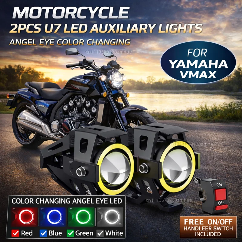 Waterproof Motorcycle LED Headlight 3000LMW U7 Motorbike LED Driving Fog Spot Light with Switch For Yamaha VMAX V-MAX V MAX 1200