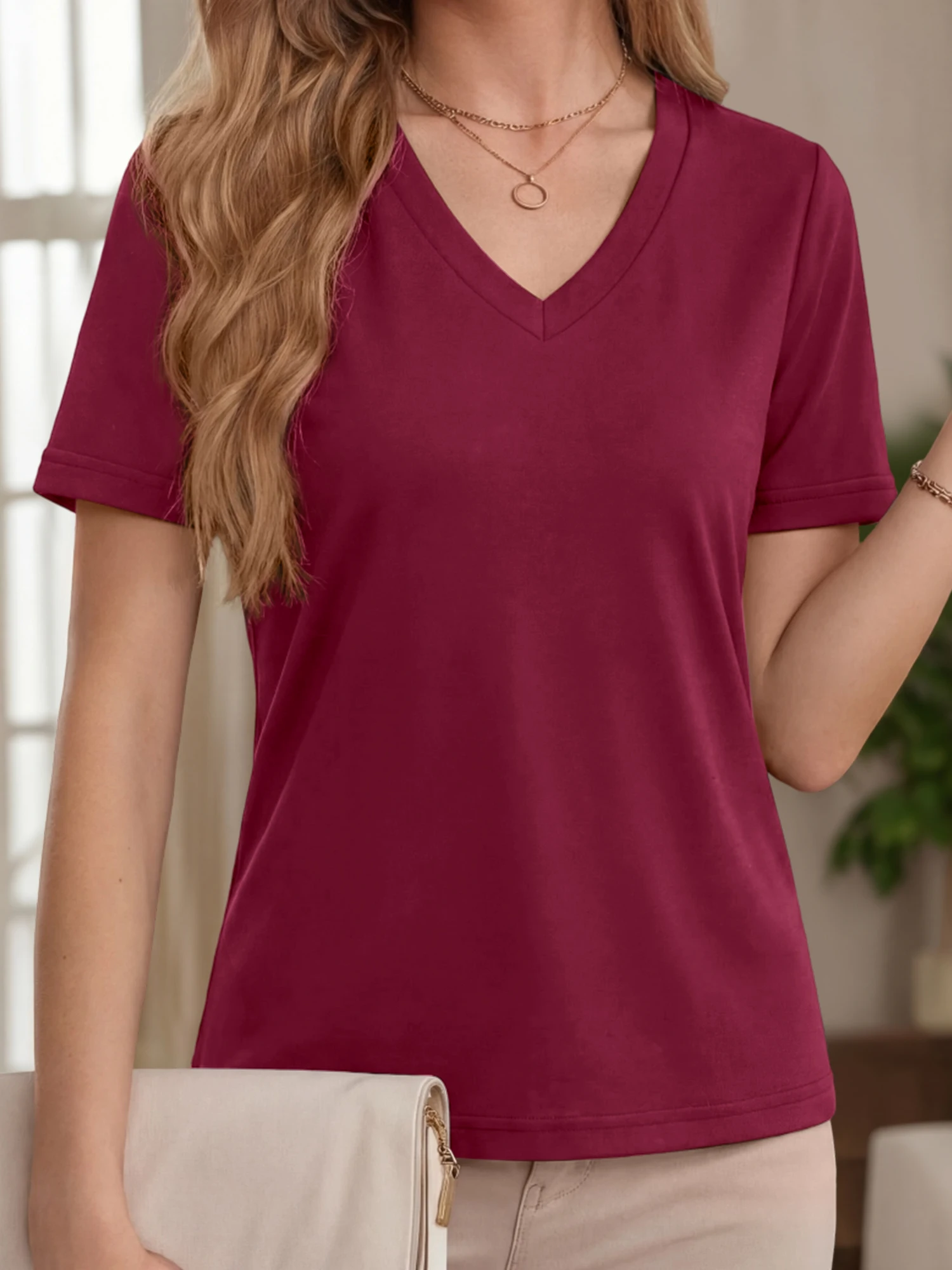 Spring Summer Travel Ready V-Neck T-Shirt, Relaxed Short Sleeve Blouse for Road Trips & Town Sightseeing