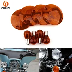 4 Pcs Motorcycle Turn Signal Lights Lens Cover Amber Bulbs for Harley Road King FLHR Tour Glide Classic FLTC Heritage Softail