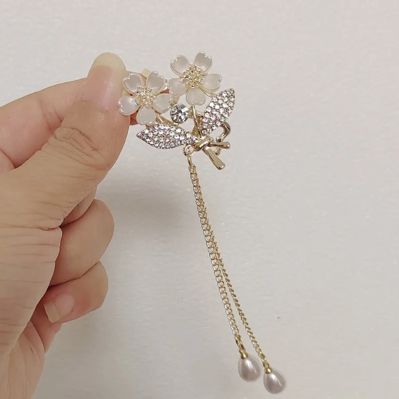 Linglan Flower Small Hair Clip Women\'s Side Grab Clip Back Head Spoon Clip Flower Tassel Headpiece Ancient Style