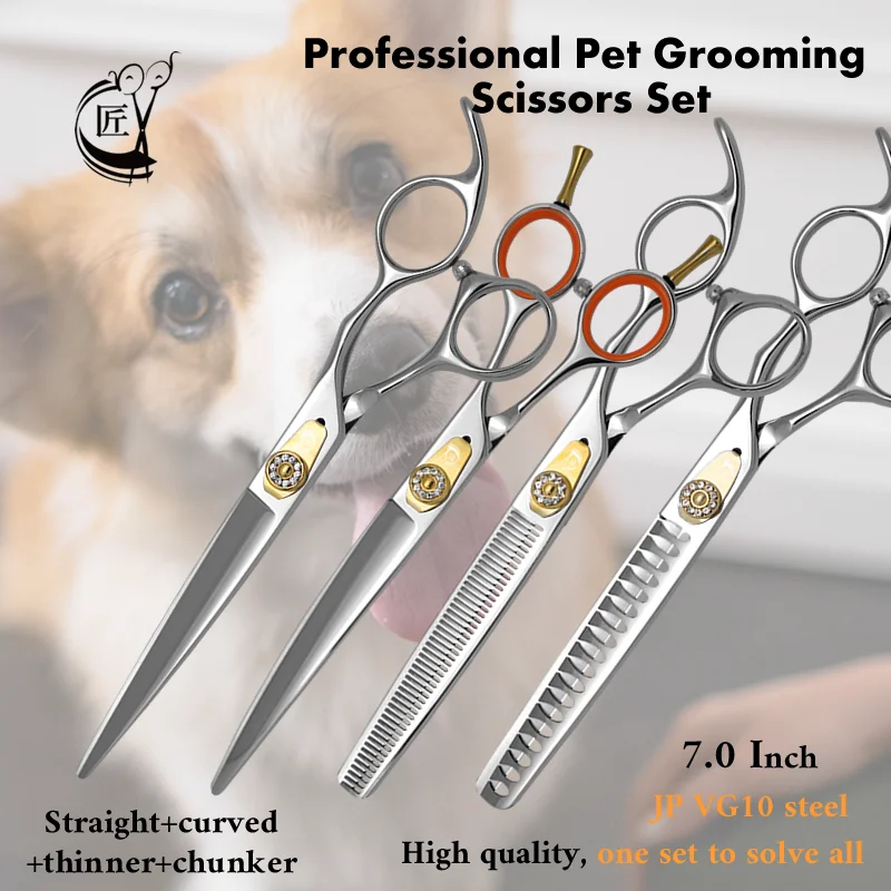 Crane Professional 7.0 Pet Straight Curved Thinning Chunker Scissors Set In Dog Scissors Grooming Cutting Shears Makas Tijeras