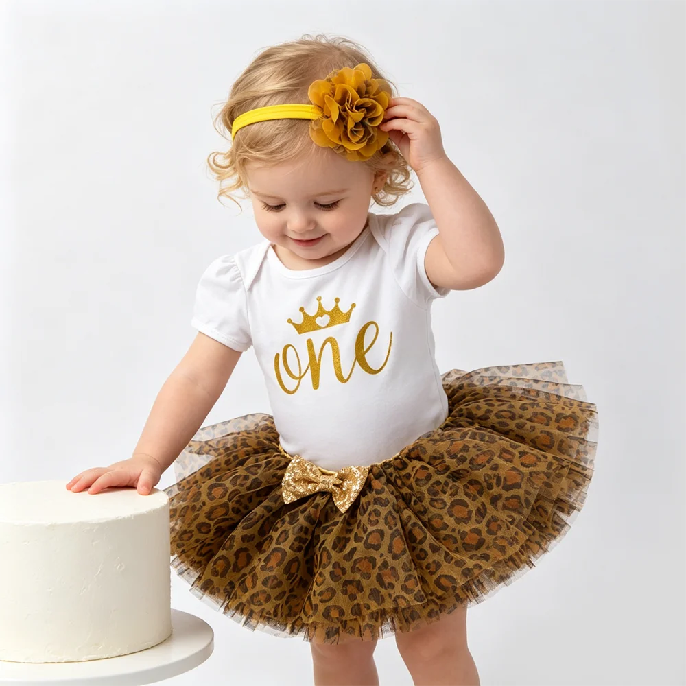 Newborn Baby Girl 1st Birthday Outfit Leopard Tutu Skirt Gold Crown Romper with Headband First Birthday Party Cake Smash Clothes
