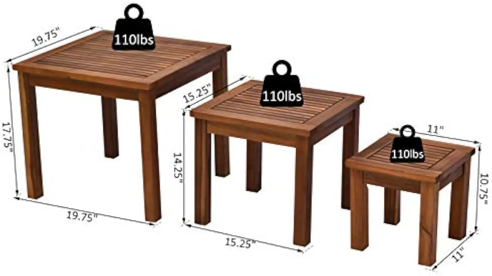 Table de nidification latérale extérieure, construction en bois d'acacia, design multifonctionnel, 3 pièces