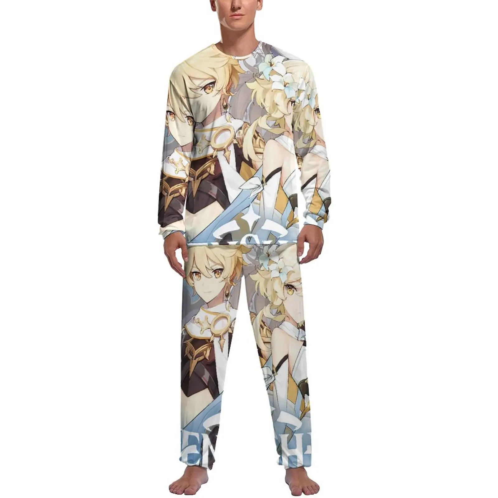 Genshin Impact Pajamas Cute Anime Men Long Sleeve Kawaii Pajamas Set 2 Piece Casual Winter Printed Sleepwear Birthday Present