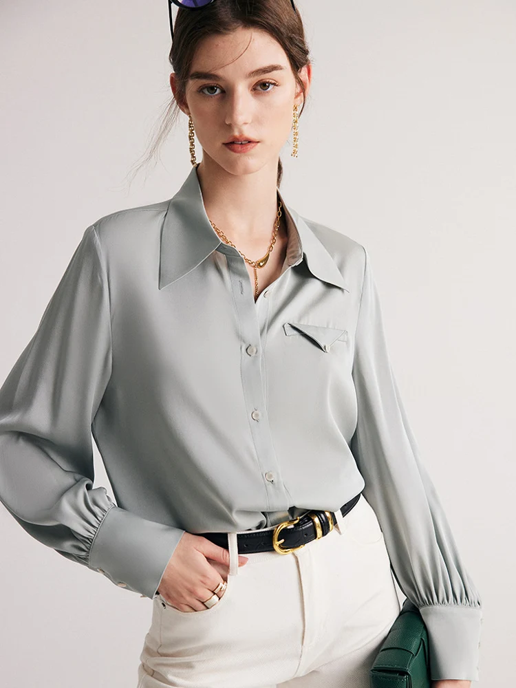 SuyaDream Woman Dress Shirts 90%Silk 10%Spandex Turn Down Collar Solid Chic Blouses 2023 Spring Summer Office Lady Top Grey