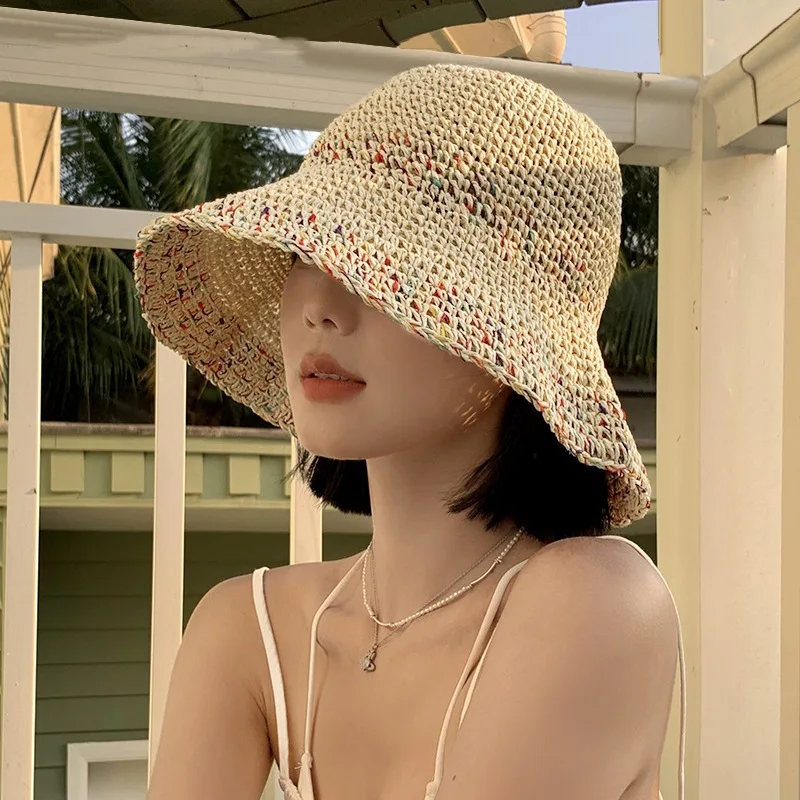 Sweet Flower Design Large Brim Women\'s Caps Summer Seaside Vacation Sun Protection Show Face Small Cute Straw Bucket Hat