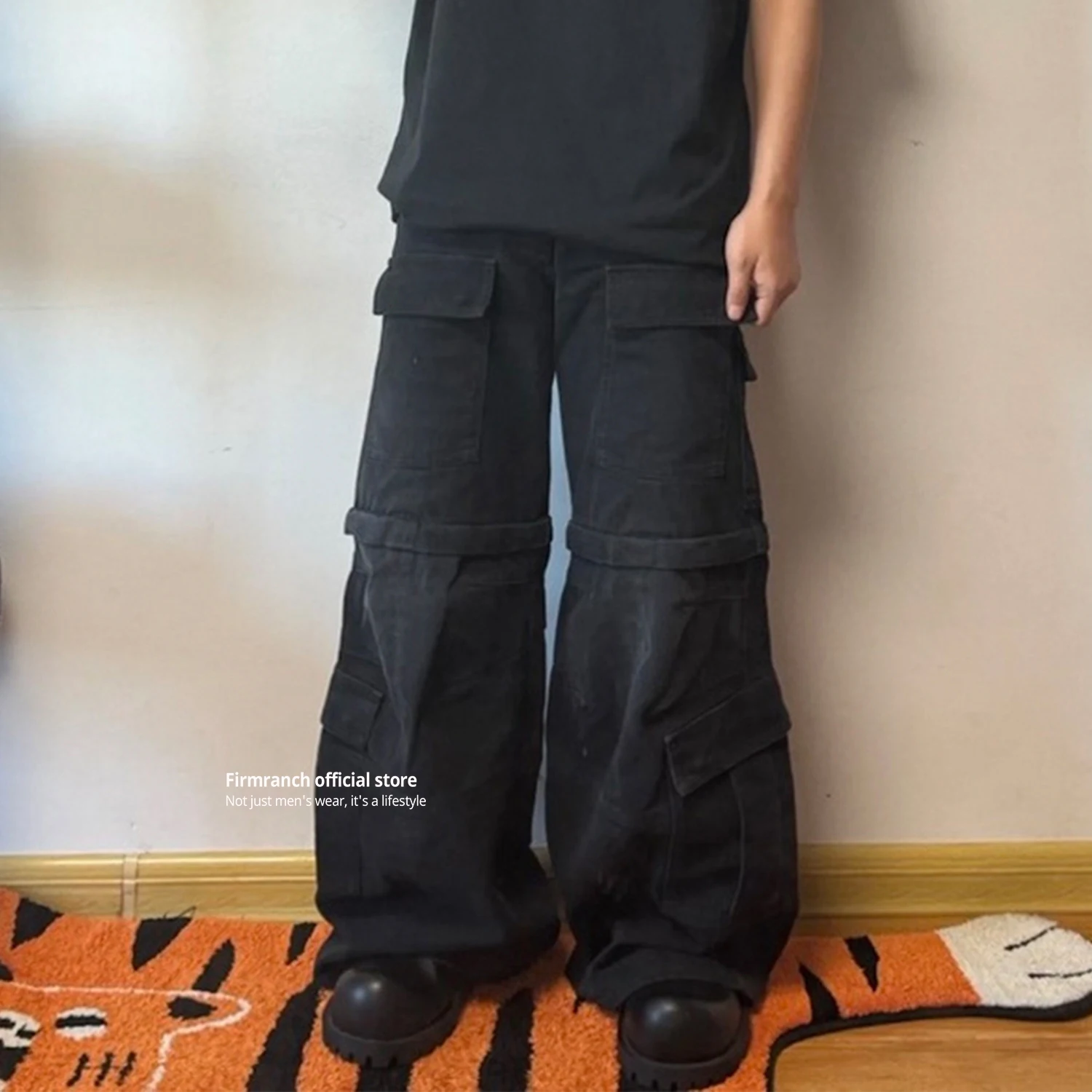 Firmranch Black Make Old Detachable Cargo Denim Pants For Men Women High Street Flared Jeans Two Ways To Wear Bootcut Trousers