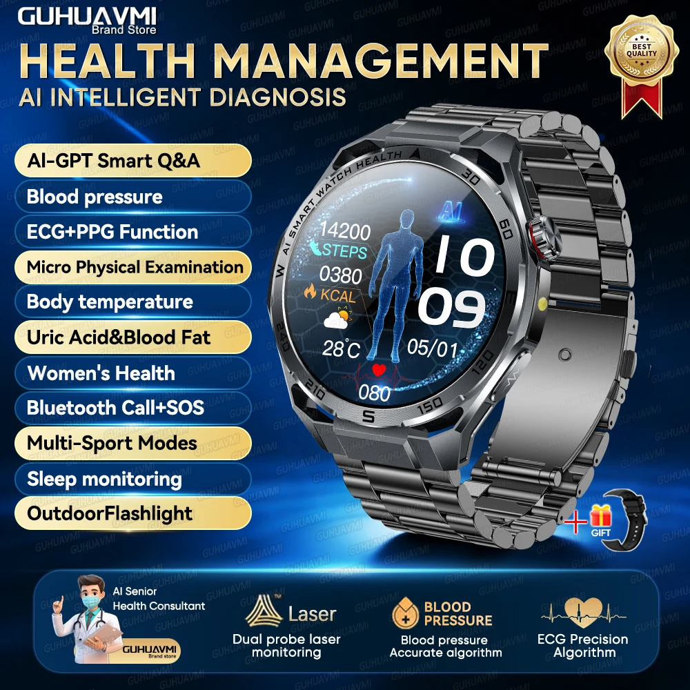 2026 AI Gezondheidsdiagnose ECG+PPG SmartWatch Mannen Bloeddruk Lipiden Urinezuur Hartanalyse 1,53-inch Bluetooth-oproep Smartwatch