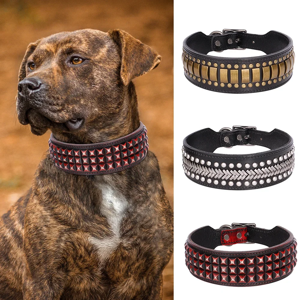 Cowhide Metal Anti-bite Large Dog Collar Pitbull Golden Retriever Doberman Collars  Dogs Accessories Correa Perro  Для Собак