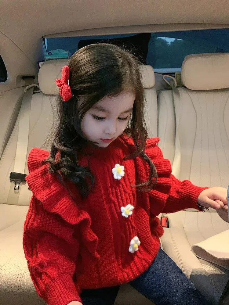 

New Girl Baby Thickened Knitwear Sweater New Year Bottom Top Spring and Autumn Children's Sweater Coat
