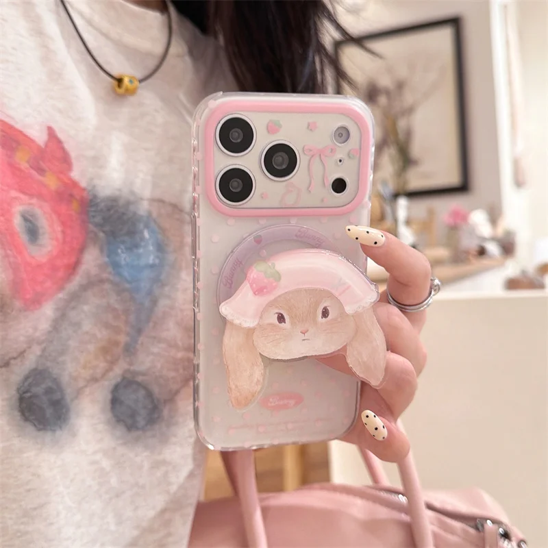 

Cute Strawberry Bunny Rabbit For MagSafe Phone Case with Stand For iPhone 15 16 17 Pro Max Kawaii Shockproof Protective Cover
