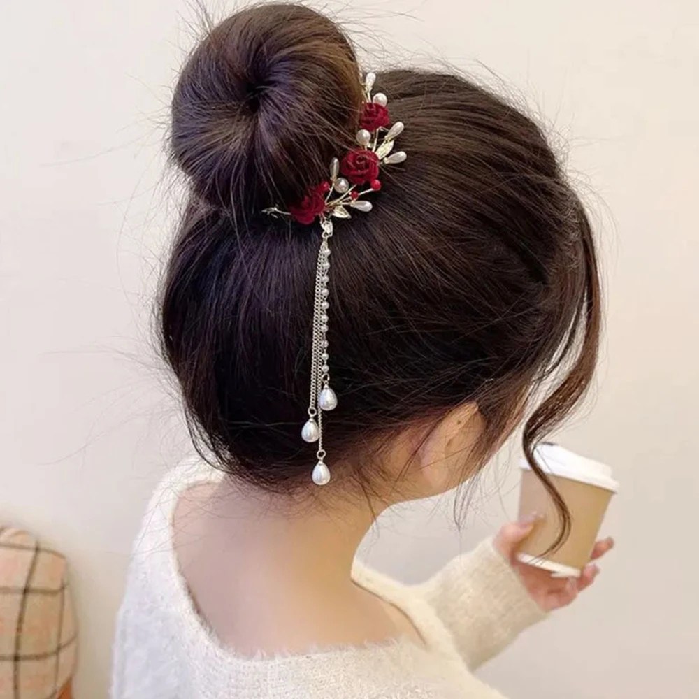 Vintage Red Rose Hairpin Hair Claw French Elegant Fashion Headdress Women\'s Back Updo Hair Tassel Hairpin Headwear Accessories