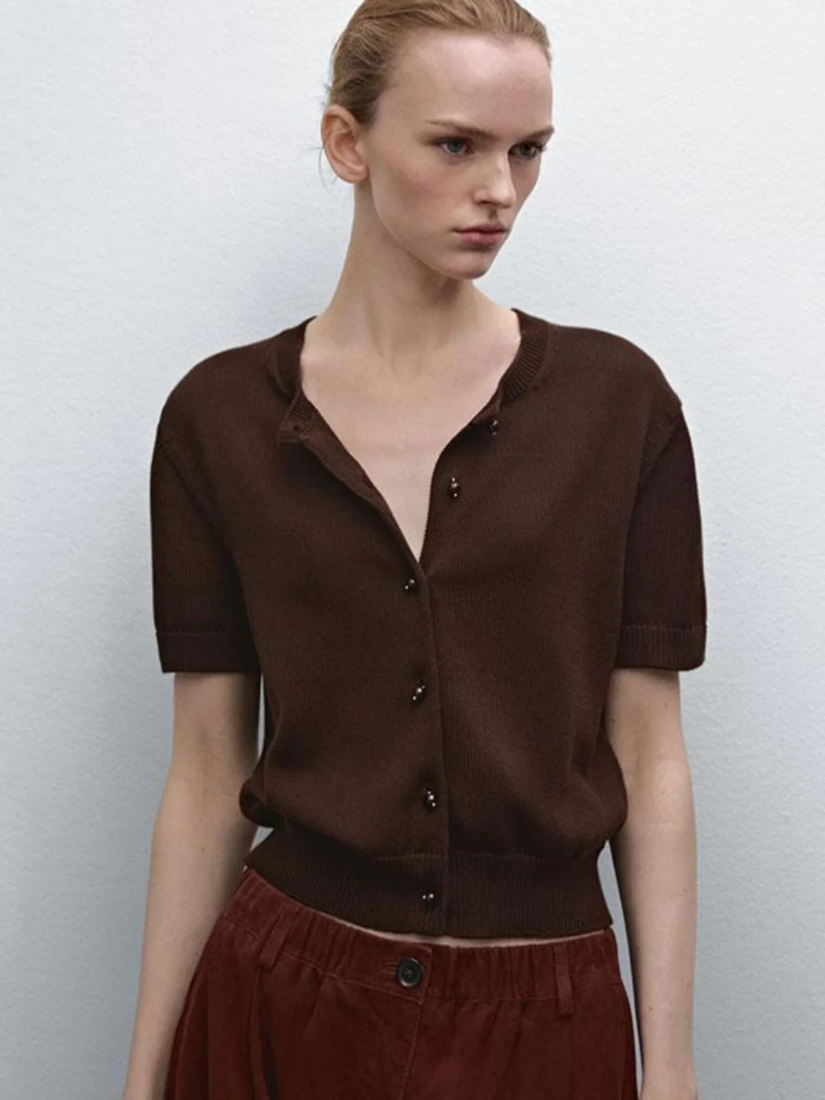 

MD Women's Casual round Ne ort Sve Knitted Pure Cotton Comfortable Commute Top Spring Summer New Arrival Brown Color