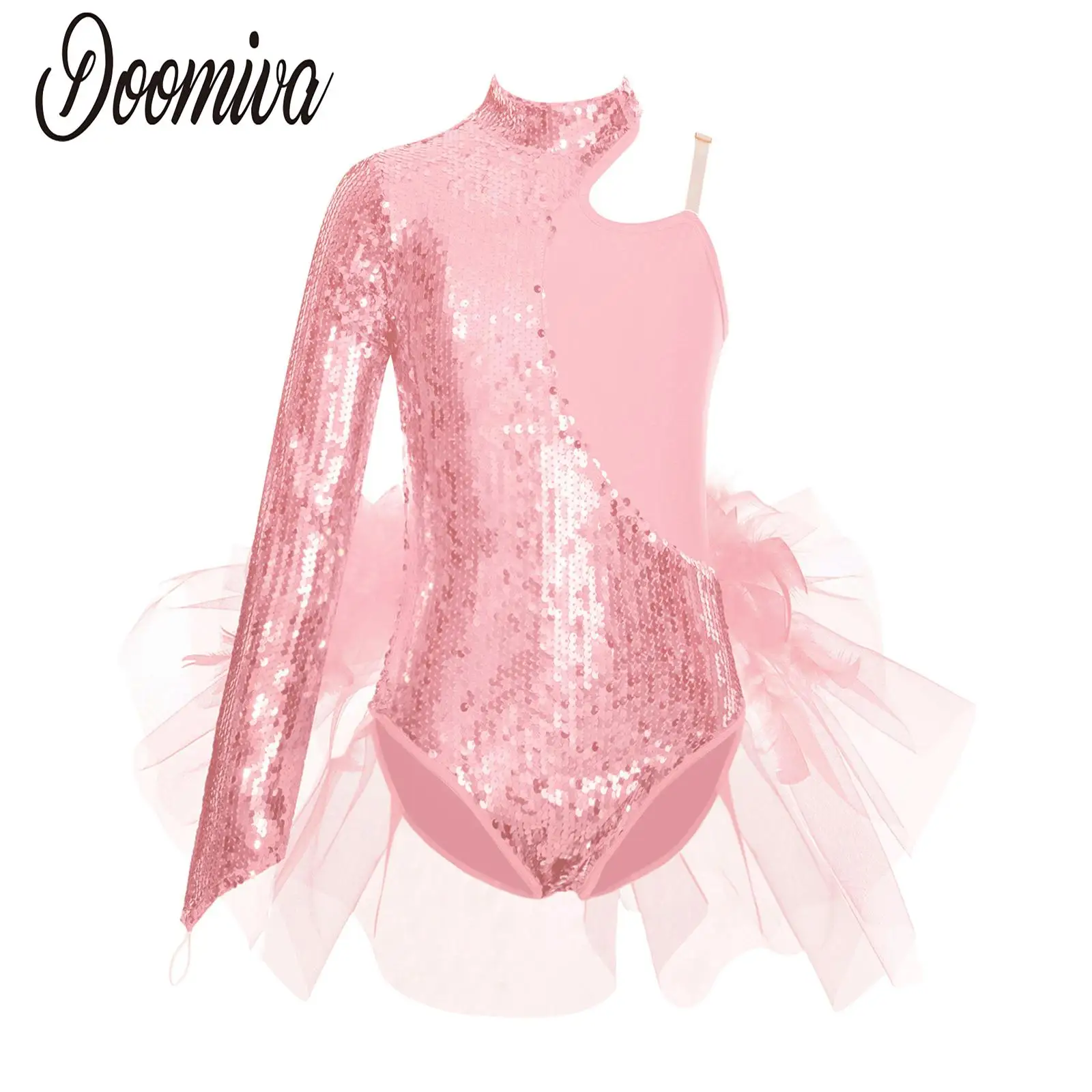 Girls Leotards Tulle Skirted Dresses Figure Skating Dance Sequined Ballet Gymnastic Performance Costume Long Sleeve Bodysuits