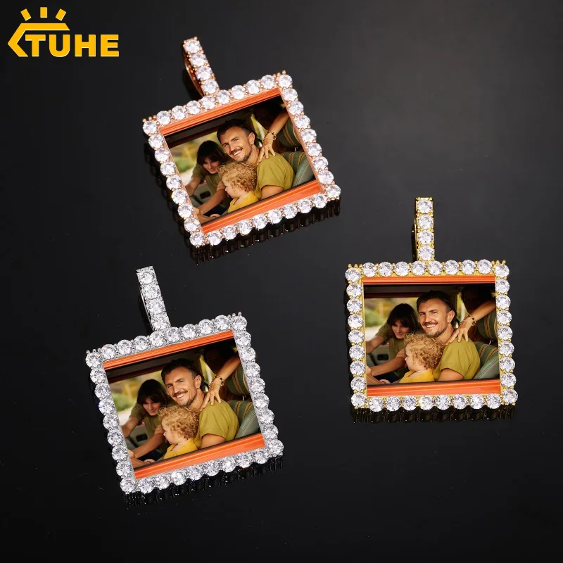 Customized Necklaces Circle Chain Picture Personalized Brass Zircon Memory Pendant with Photo Square Design Gift for Men Women