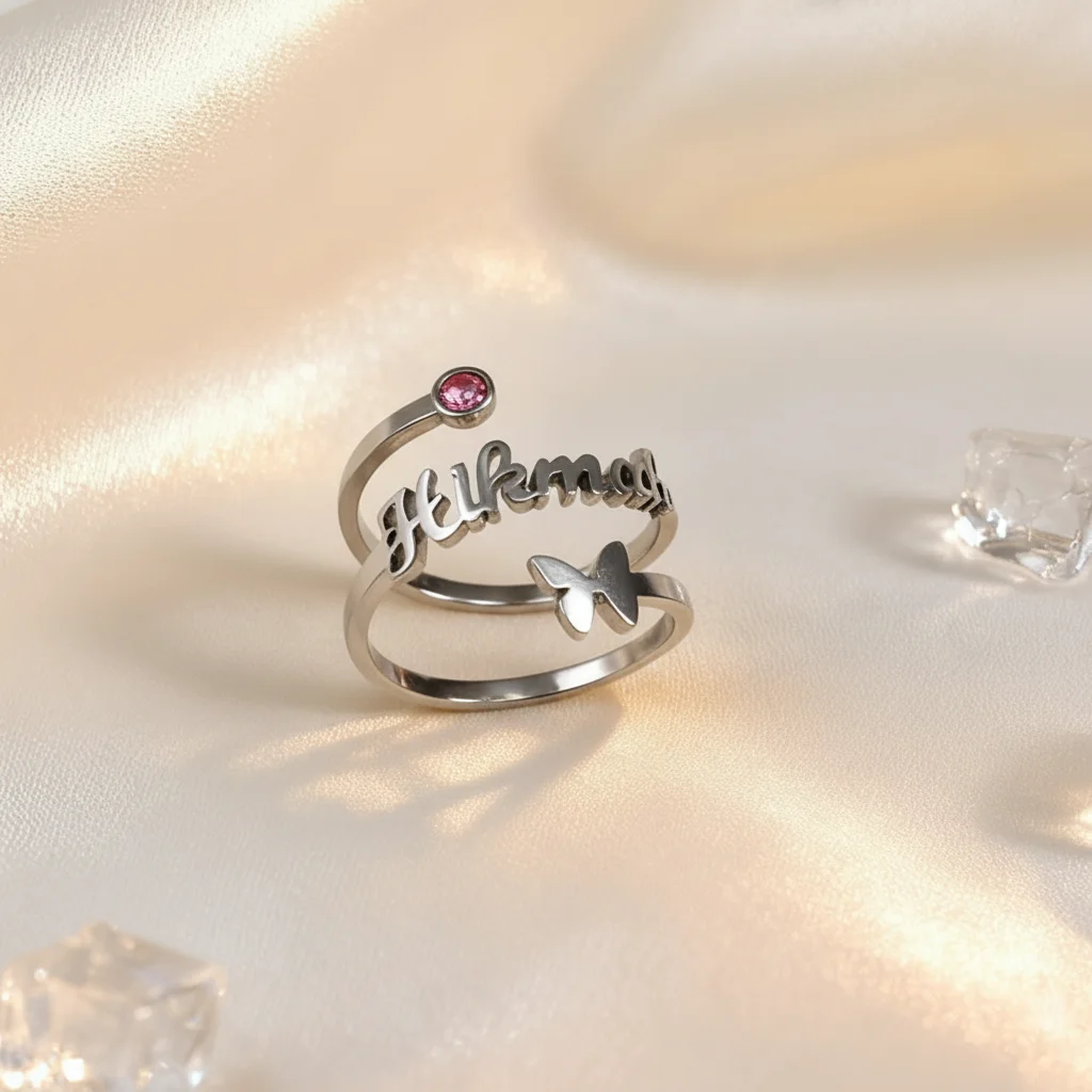 Customized Name Ring for Women Personalized 18K Gold Plated Stainless Steel Open Adjustable Butterfly Ring with Birth Stone