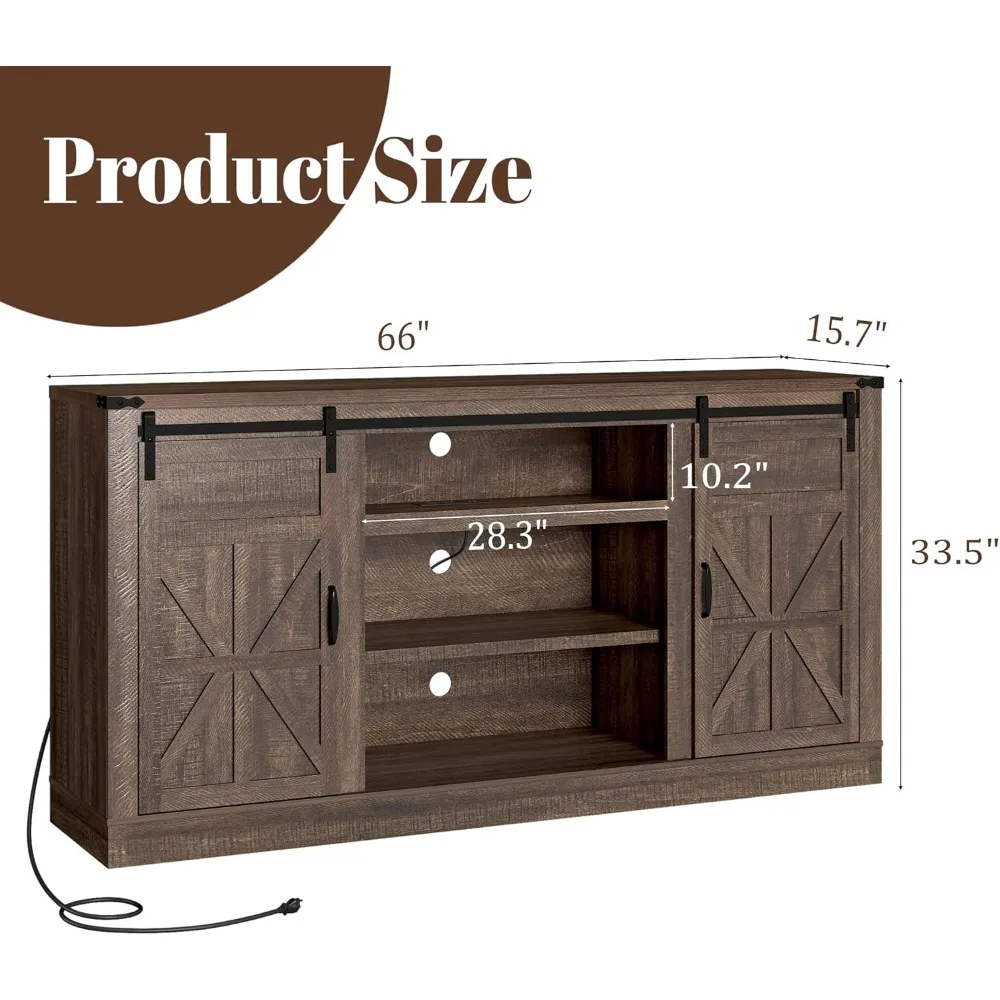 "Suporte de TV de 75 polegadas com porta de celeiro deslizante e tomadas elétricas, centro de entretenimento de madeira de 33 polegadas de altura"