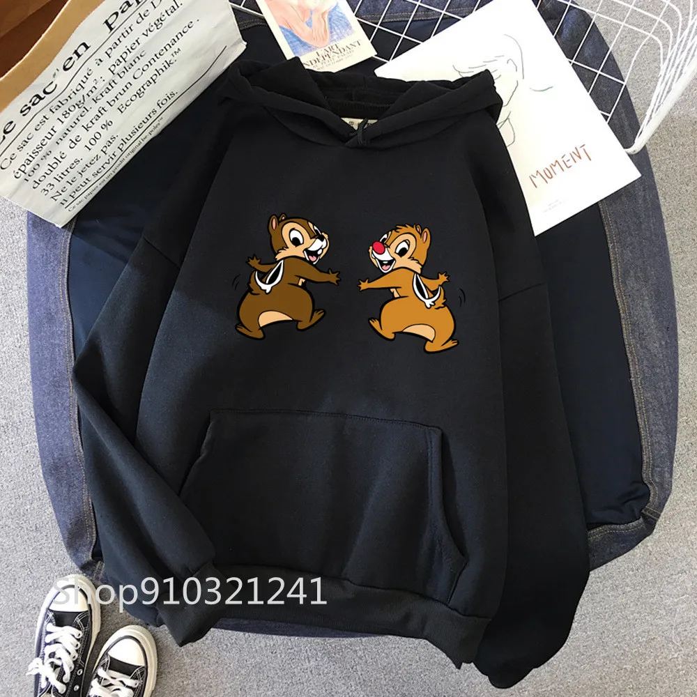 Hoodie Chip dan Dale Hoodie gambar kartun wanita Hoodie Chipmunk dicetak warna hitam uniseks pullover kaus Hoodie wanita