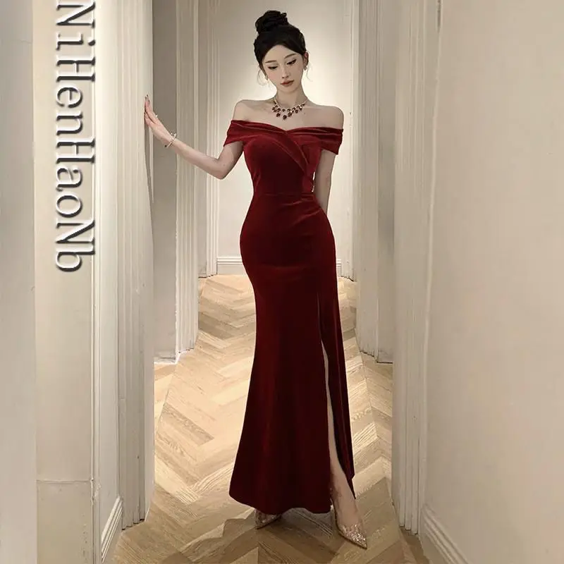 Christmas Vintage Sexy Club Prom Red Dresses Off The Shoulder Slit Velvet Evening Dress Bodycon Bridesmaid Dress