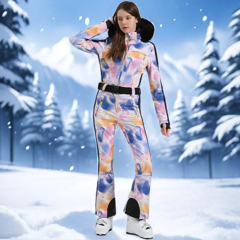 2025 Female One-piece Skiing Suites Outdoor Waterproof Warm Snowboard Clothes Women Winter Ski Tracksuits Slim Fit Snow Jumpsuit