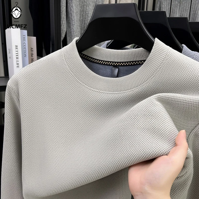 Mens Winter Leisure Knit Top Long Sleeve Round Collar Waffle Surface Fleece Lined Soft Warm Business Shirt