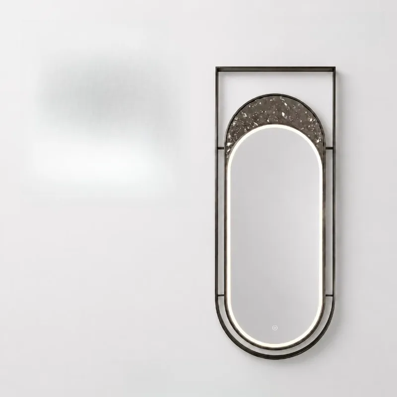 Hanging LED bathroom mirror, water ripple design oval backlit makeup mirror, customizable size, with defogging function