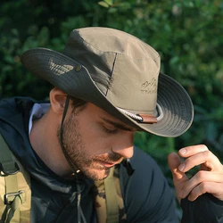 Sombrero de cubo con letras bordadas para hombre, sombrero de vaquero con etiqueta de cuero, impermeable, al aire libre para senderismo, pesca, ligero, ala de 8cm, Anti-UV