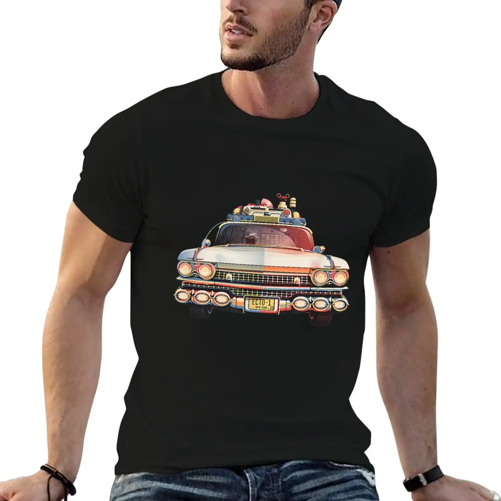 Camiseta con estampado de Ghostbusters Ecto1, camisetas para hombre, camiseta ajustada de algodón para hombre, camiseta gráfica