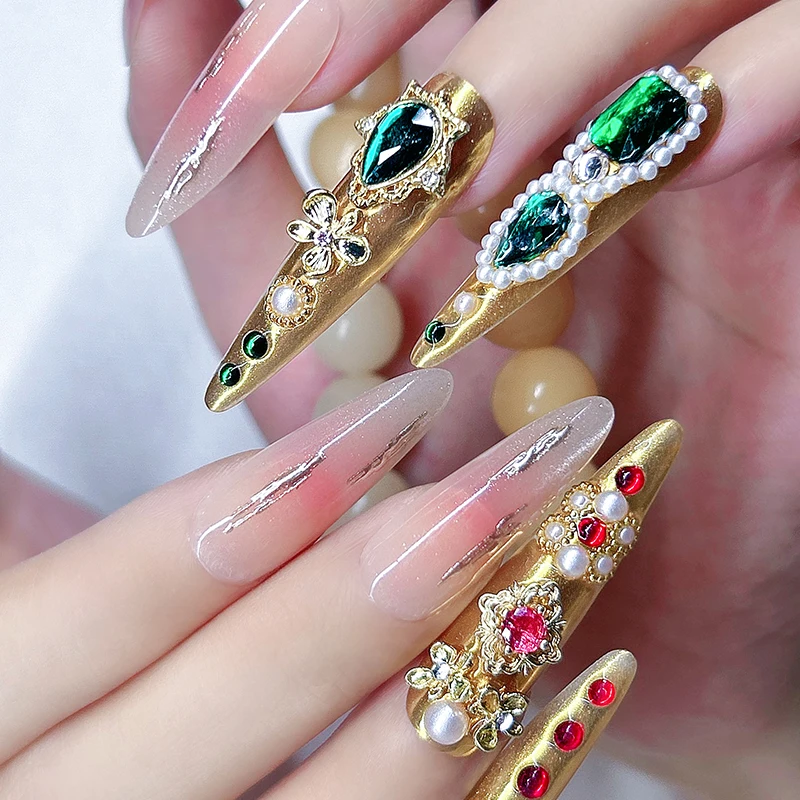 

14Piece （4long+10short）Palace Style Press On Nails, Gold Base with Colorful Gemstones Pearl Embellishments, Floral Retro Accents