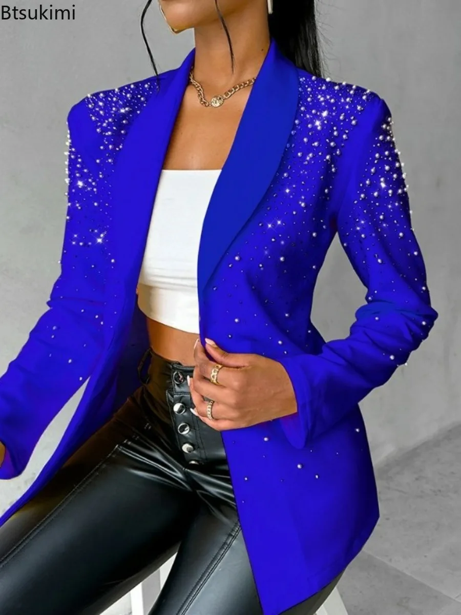 Blazer elegante con cuentas para mujer, chaqueta de manga larga con cuello de Chal, color liso, para trabajo y oficina, moda de otoño, 2024