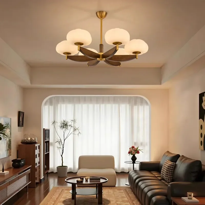 for New Living Room Chandelier Antique Persimmon Main Light High End Retro Hall Light Walnut Ash Wood Dining Room Light