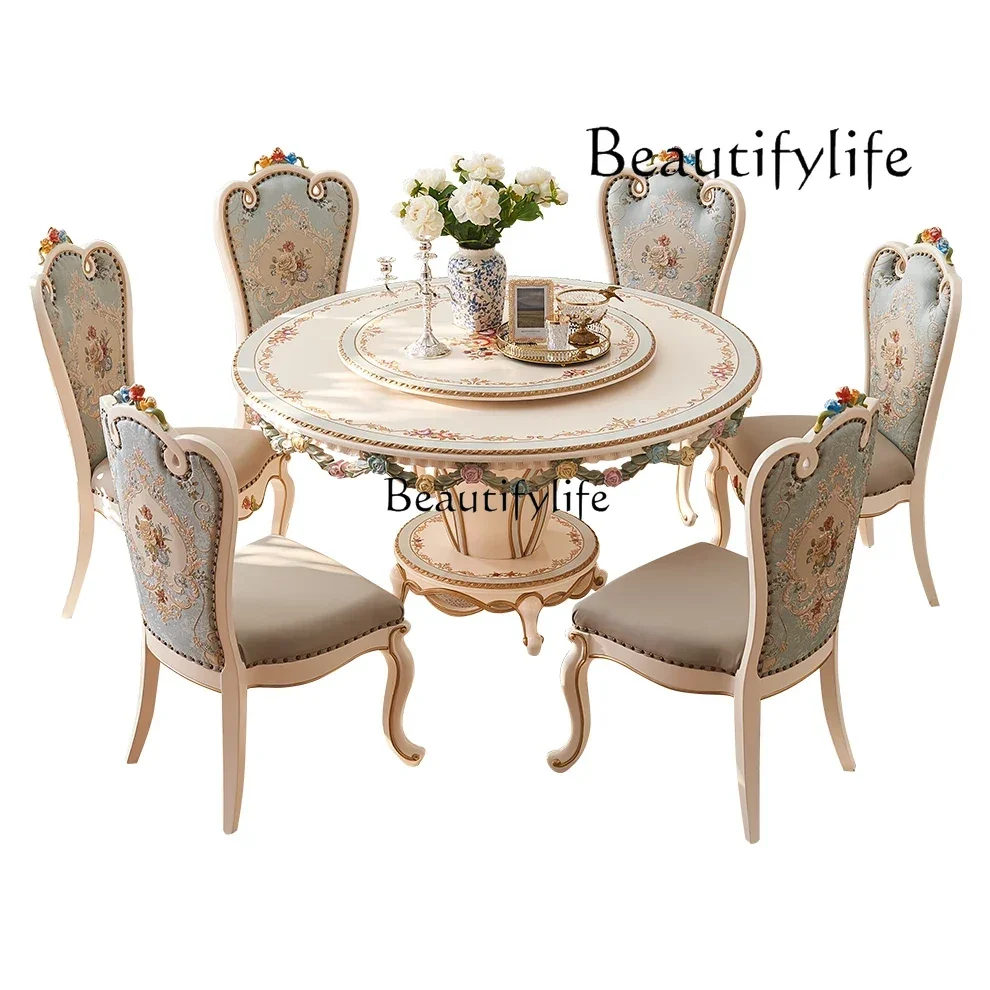 

Palace European French villa all solid wood 1.5M with turntable hand-painted flower round dining table and chairs