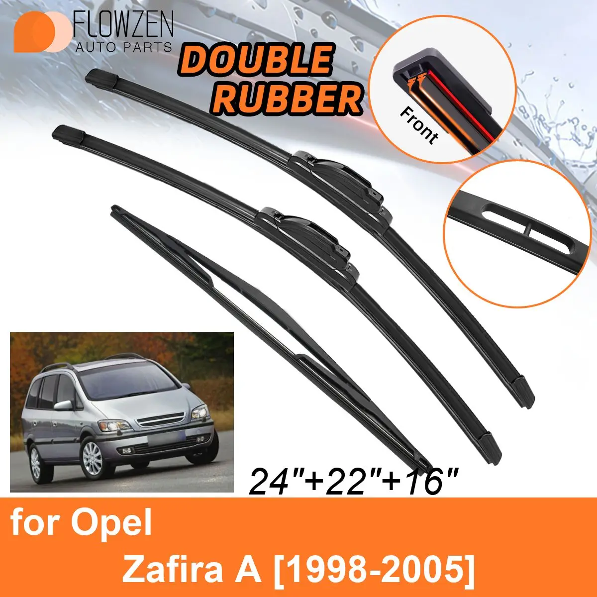 Double Rubber Car Wiper Blades for Opel Zafira A 1998-2005 Front Rear Blades Accessories 1998 1999 2000 2001 2002 2003 2004 2005